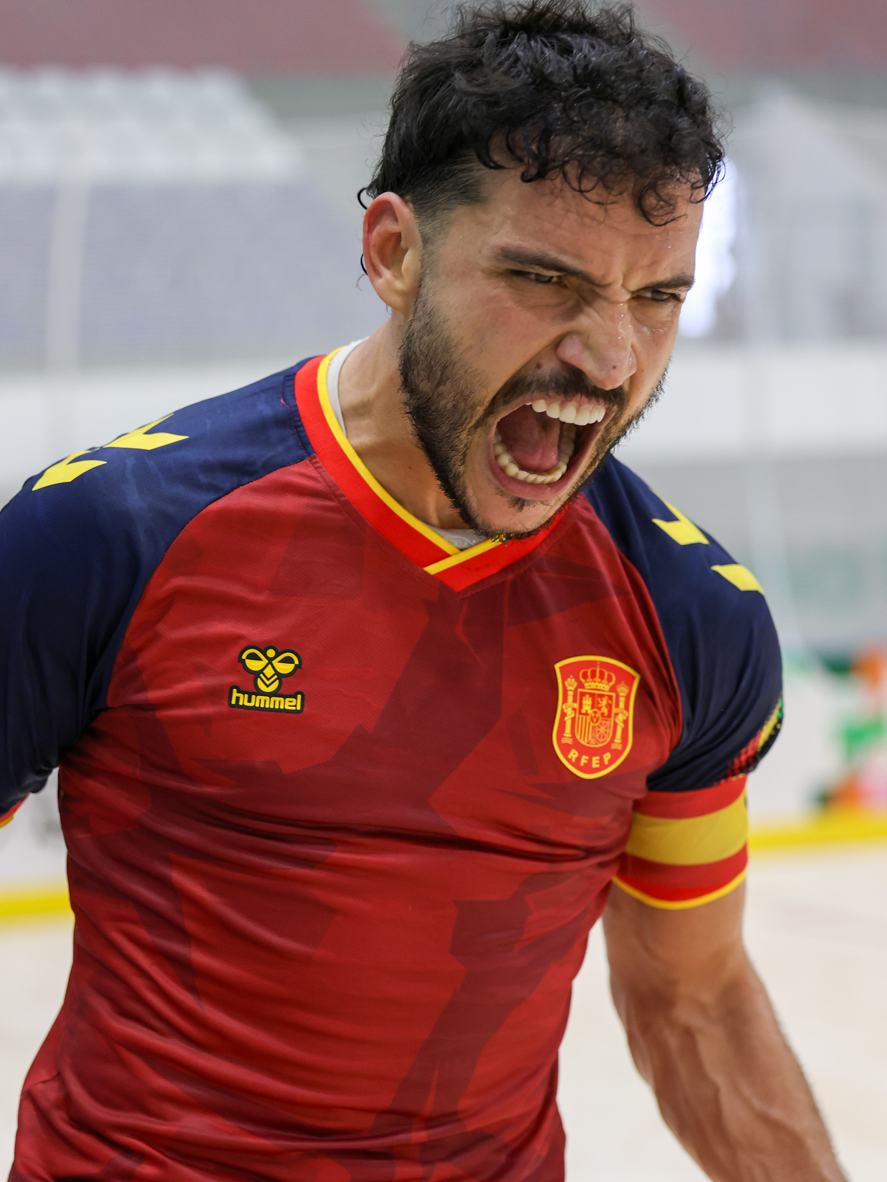 Celebración de Pau Bargalló en el partido España–Italia de Hockey Patines.