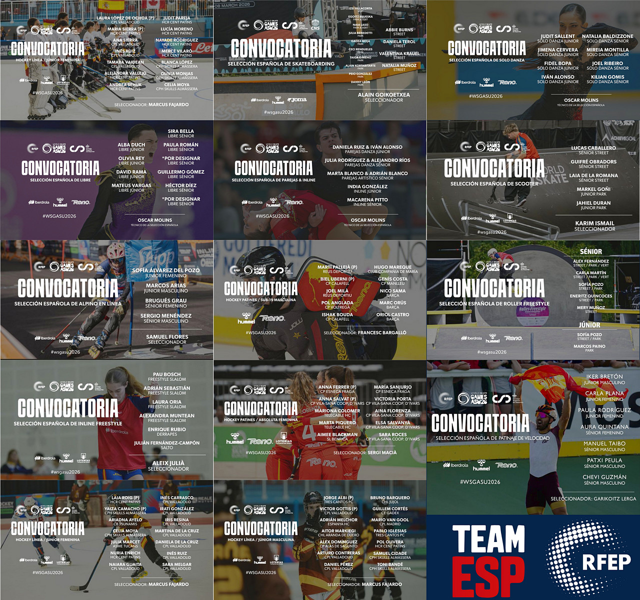 Mosaico de convocatorias de las selecciones españolas para los World Skate Games Asunción 2026